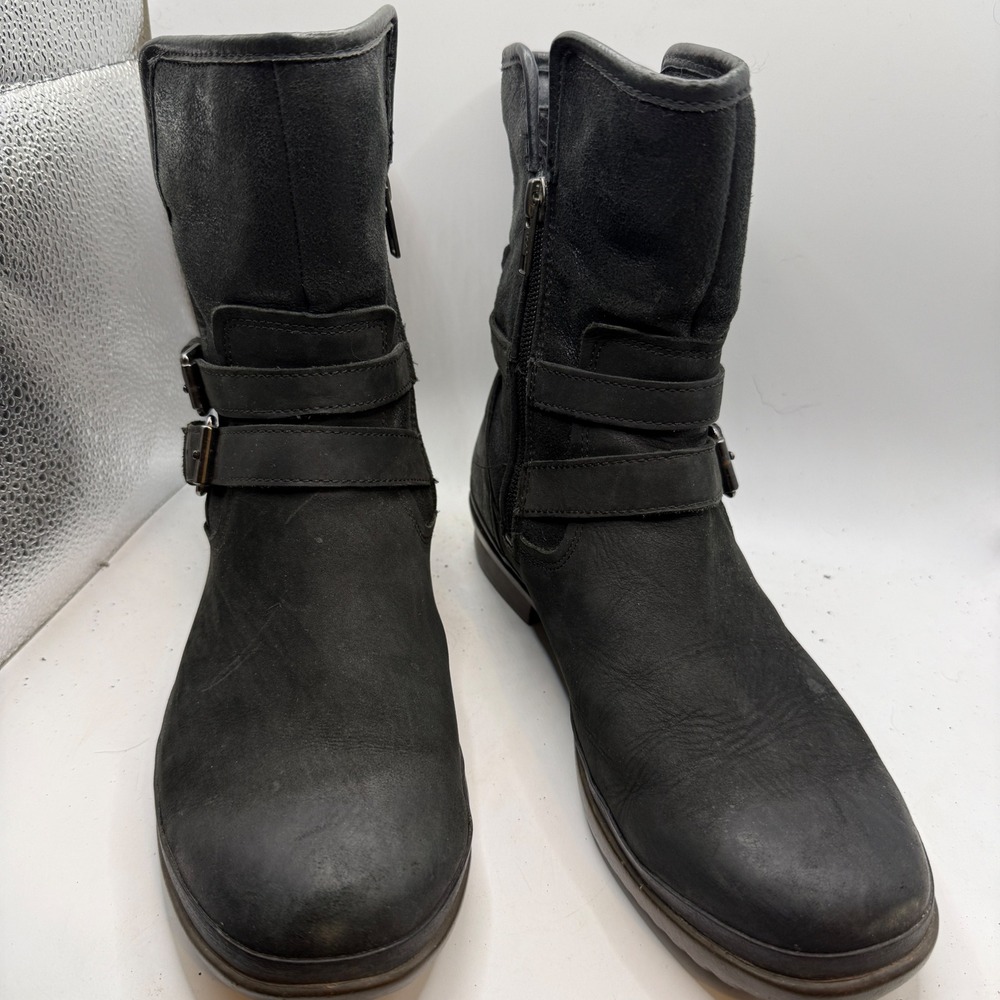 UGG Simmens Waterproof Black Leather Suede Moto Buckle Boots 1008439 Womens 9